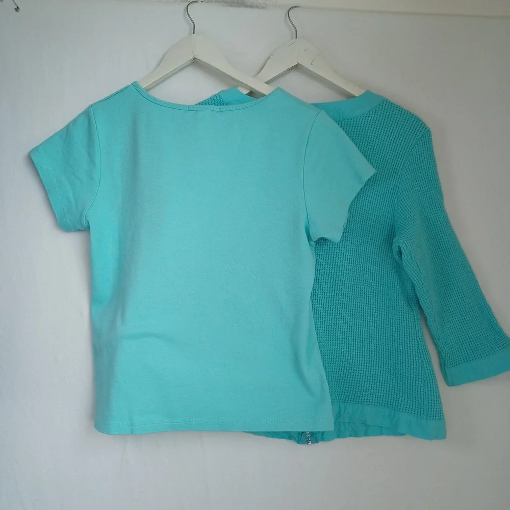 Coldwater Creek Womens Turquoise Cotton Waffle Knit‎ Zip Cardigan & Tee Set L M
